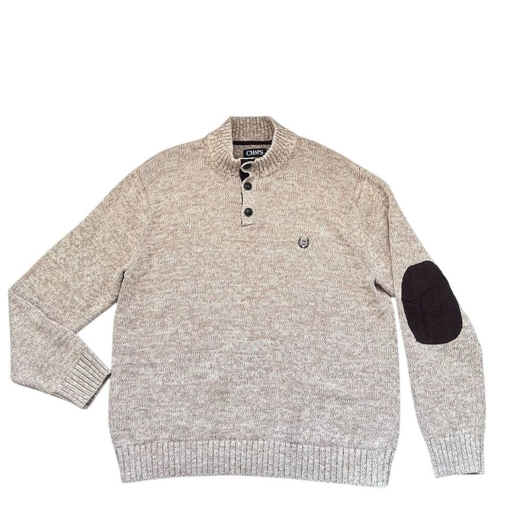 Chaps Men's  Size XL Beige Knit Pullover Sweater with Elbow Patches - Picture 6 of 6